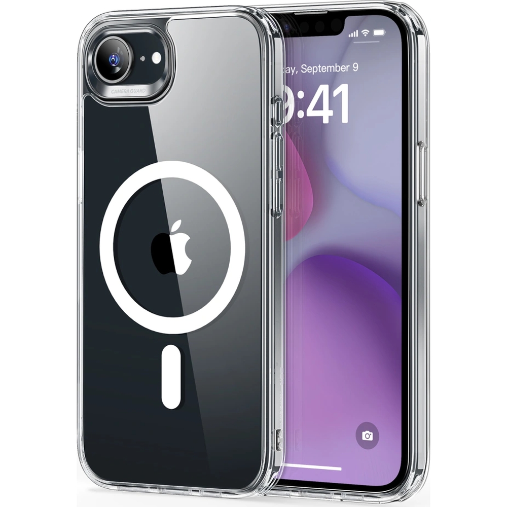 Etui jednoczęściowe ESR Classic Hybrid Halolock kompatybilne z technologią MagSafe do iPhone 16e, półprzezroczysto-białe.